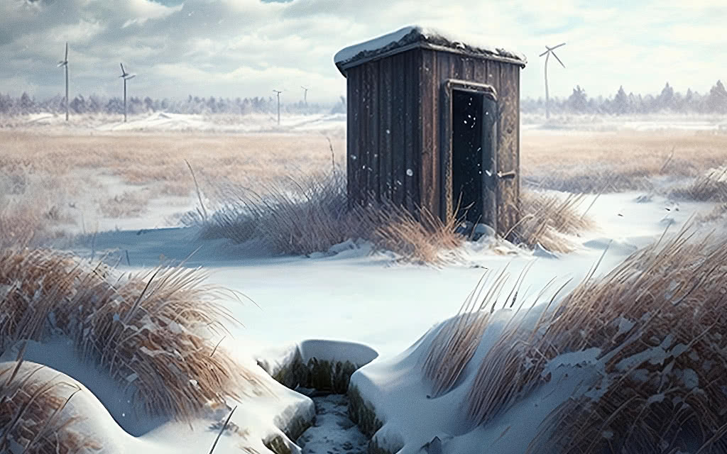 Midjourney-created image of "a cold barren snowy grassy forgotten place more central than any with many biomes and no buildings but an outhouse"