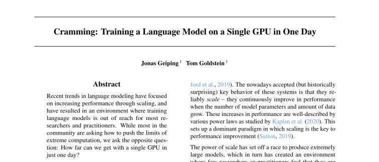 Cropped first page of "Cramming: Training a Language Model on a Single GPU in One Day"